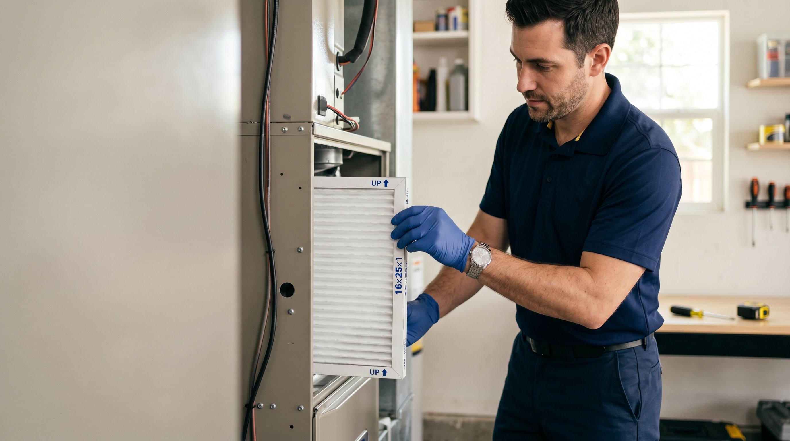 Close-up of a Venta technician checking refrigerant gauges during an AC maintenance visit in Southern California