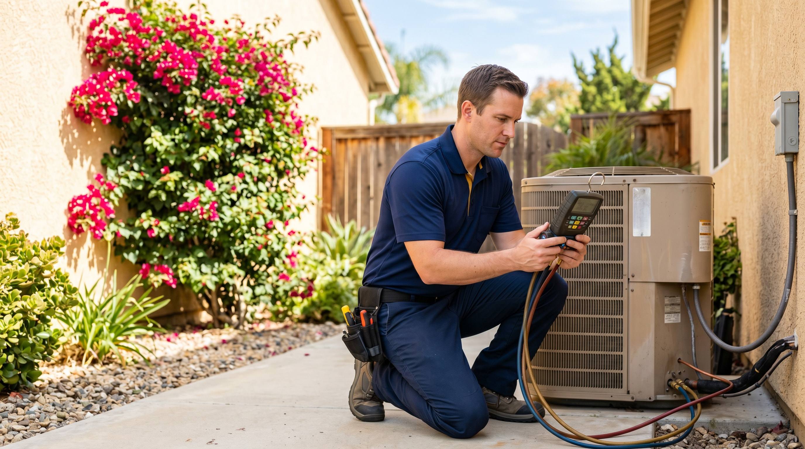 Venta technician kneeling beside an outdoor AC condenser during an air conditioning repair in Los Angeles