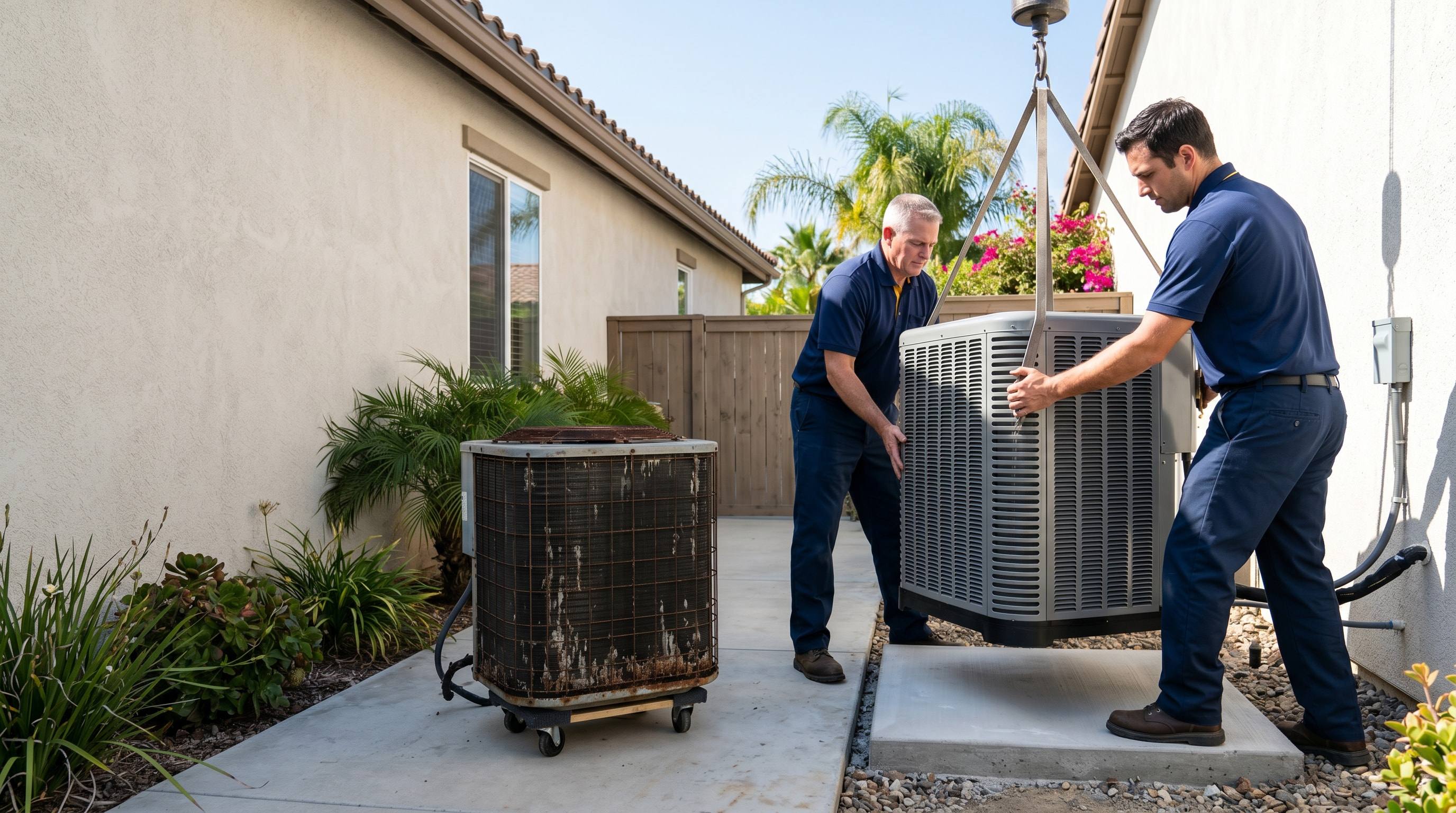 A newly installed outdoor AC condenser after an air conditioner replacement in Los Angeles