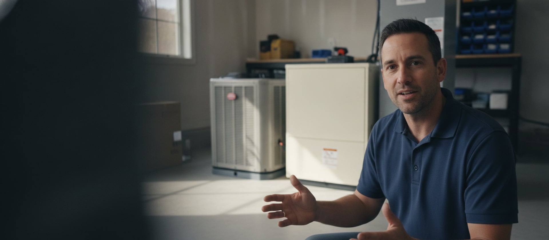 Venta technician beside a new AC condenser and gas furnace in a garage
