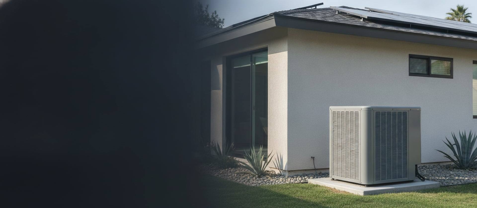 Modern residential heat pump beside a Southern California home with rooftop solar