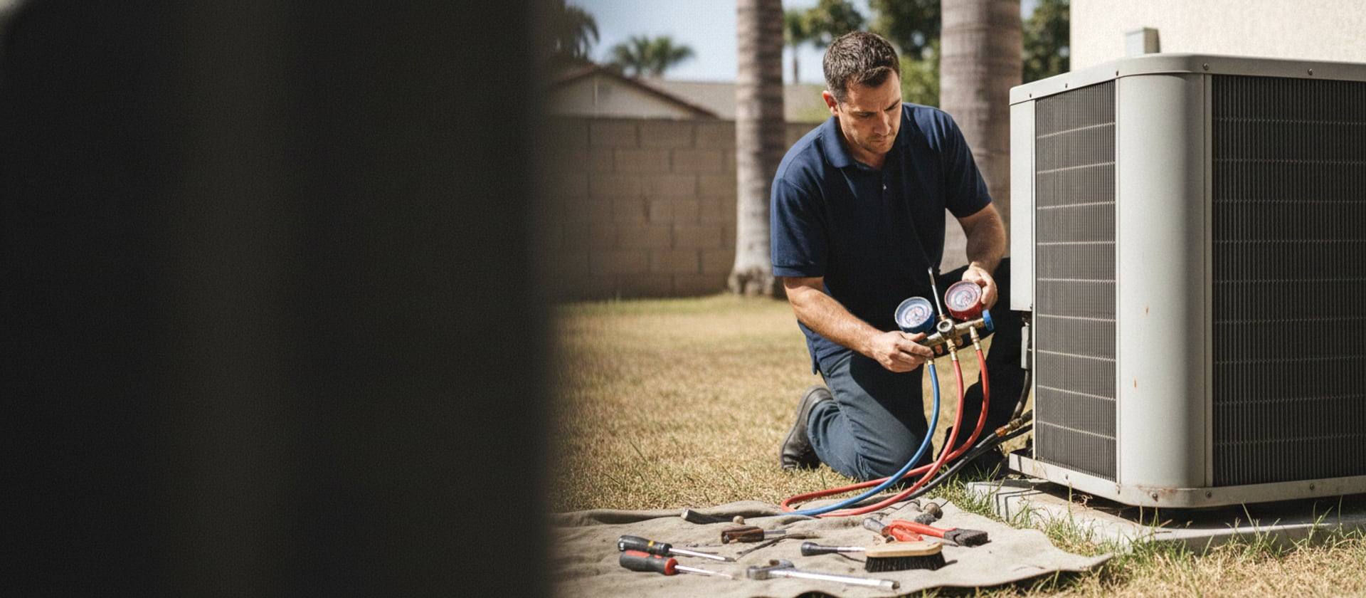 Venta technician performing a seasonal tune-up on an outdoor condenser