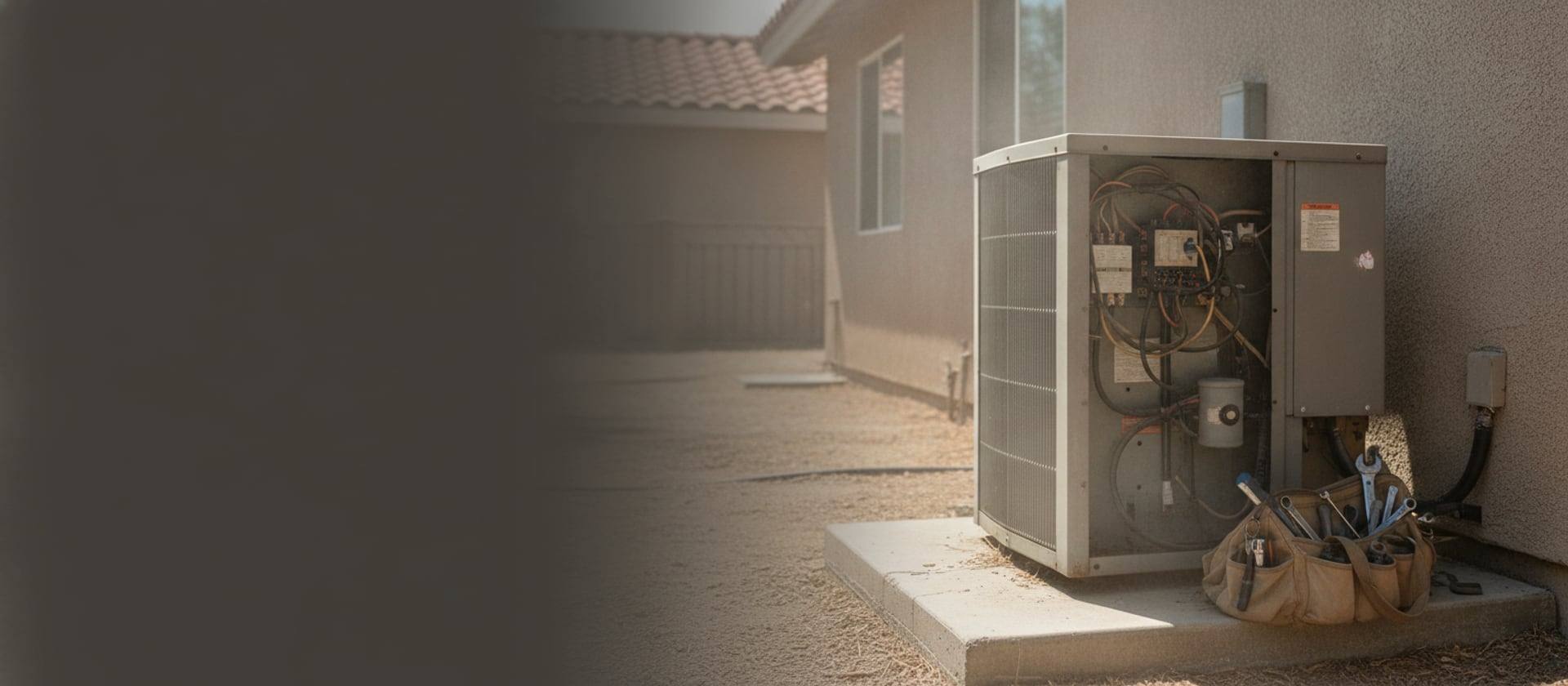 Outdoor AC condenser with an open access panel at a Southern California home