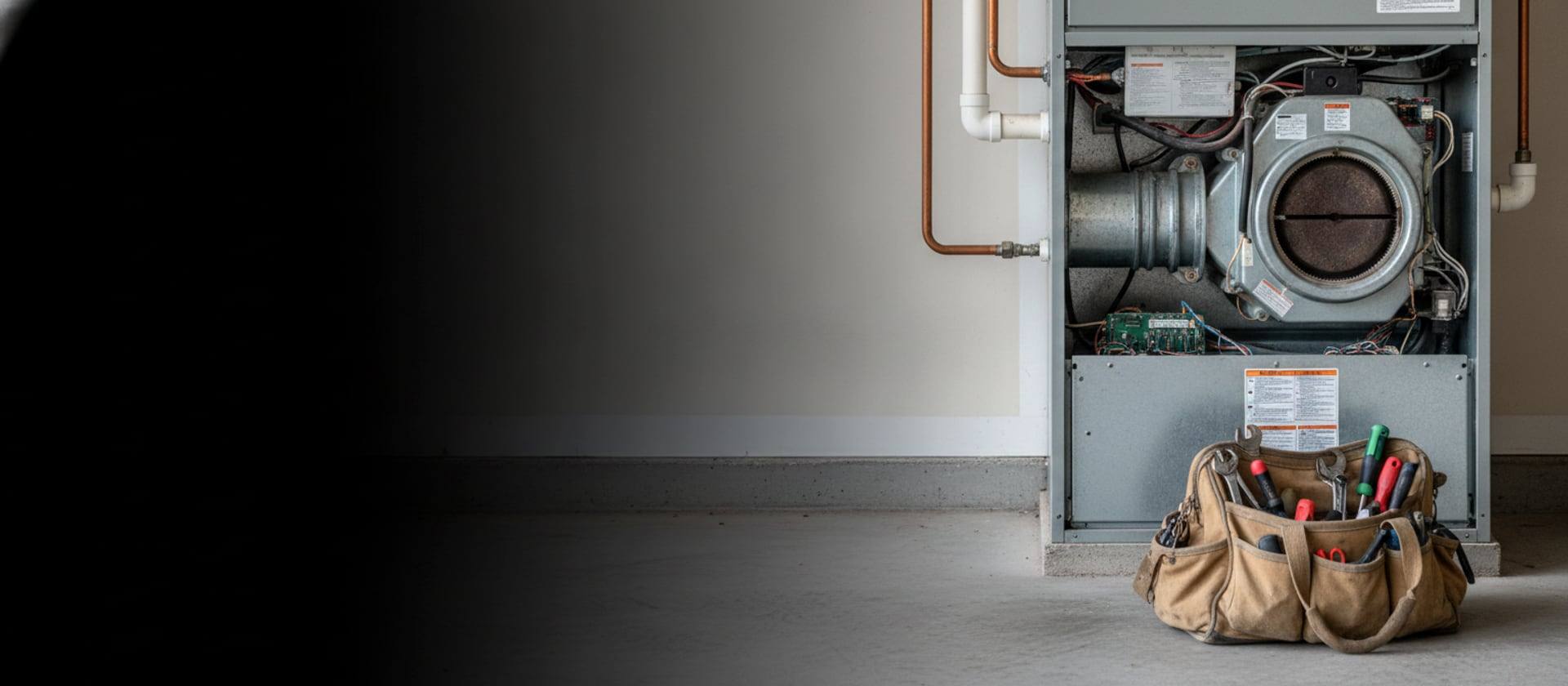 Residential gas furnace with its service panel removed during a repair