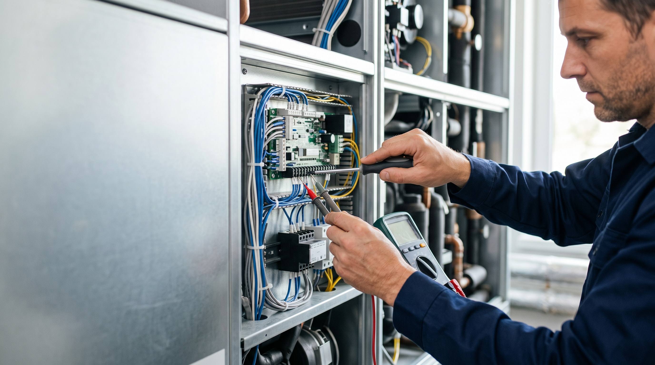 Venta technician maintaining a Goodman HVAC system in Southern California