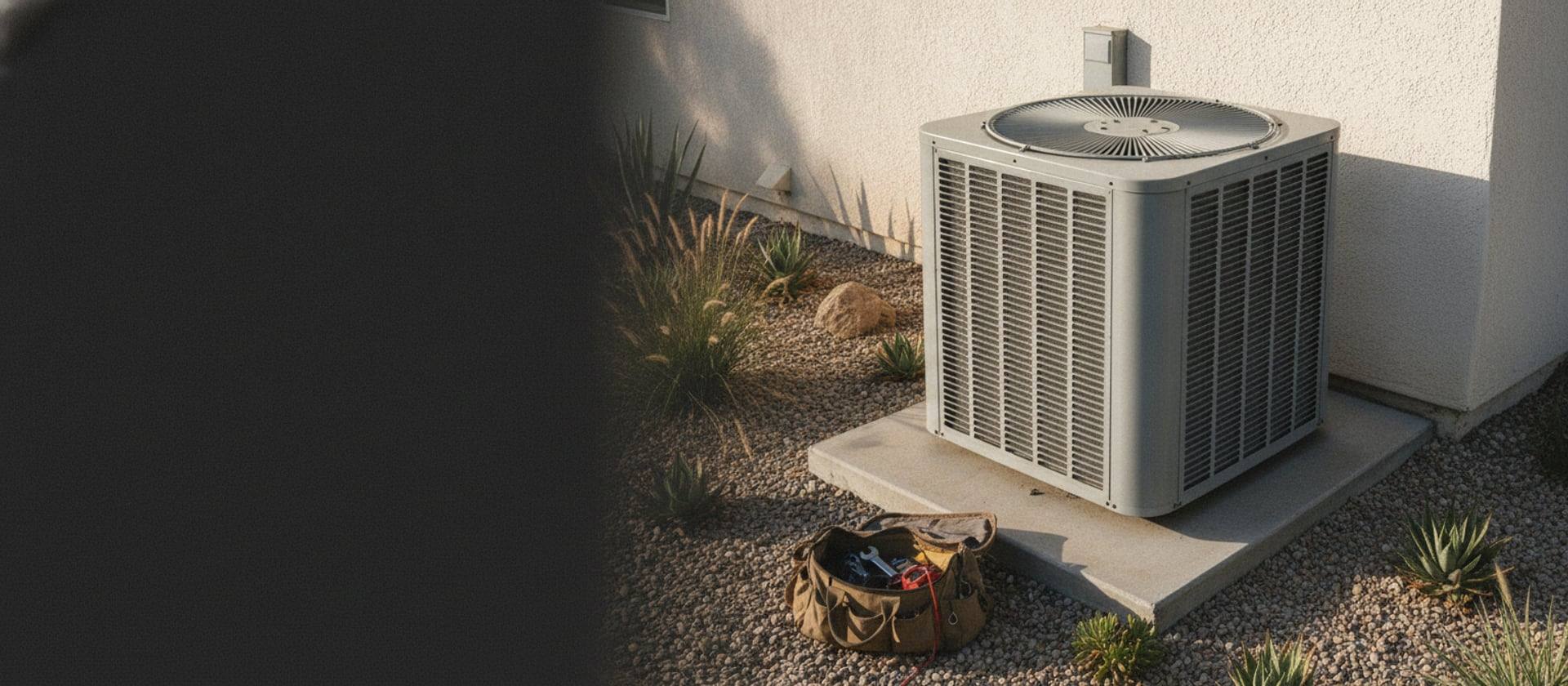 Carrier residential AC condenser unit on a concrete pad beside a Southern California home