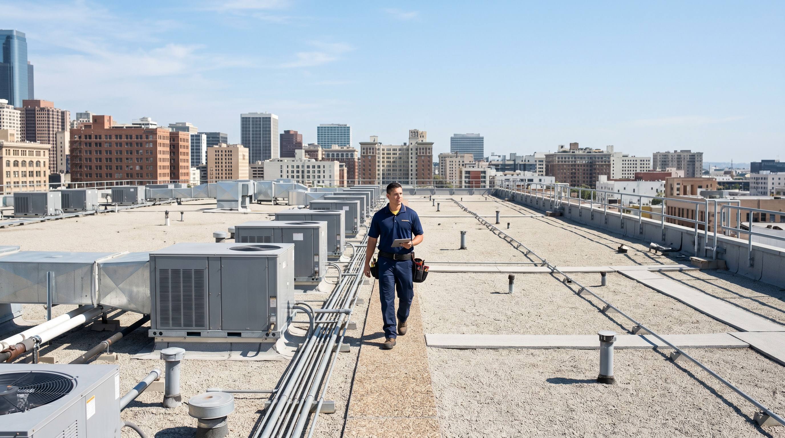 Venta technician walking across a commercial rooftop between packaged HVAC units in Los Angeles