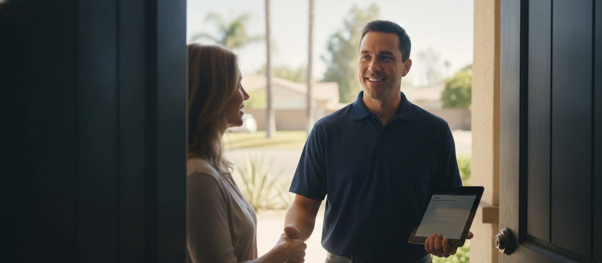 Venta technician greeting a homeowner at the doorstep of a Southern California home