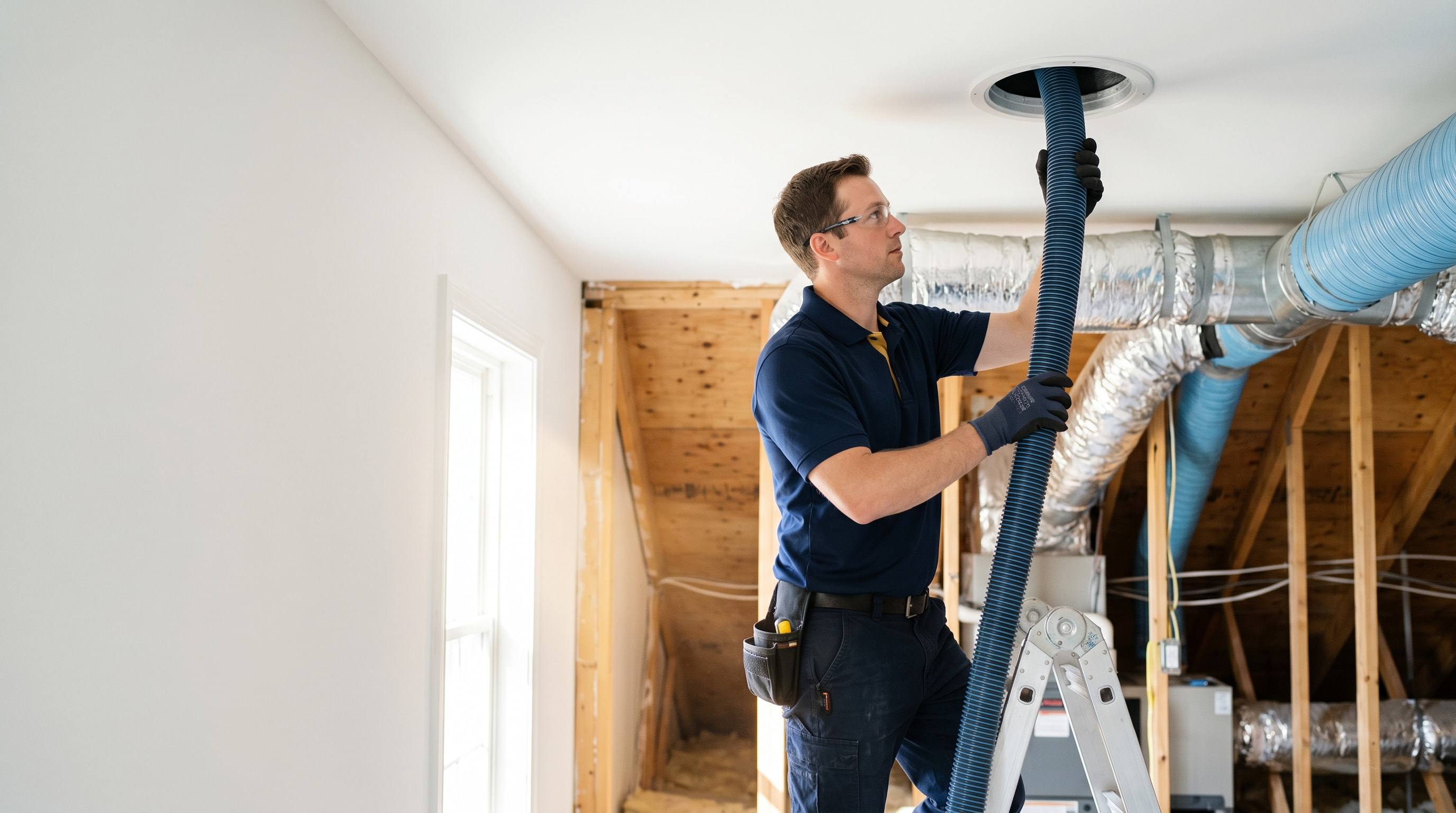 Venta technician feeding a cleaning line into a residential air-duct system in Southern California