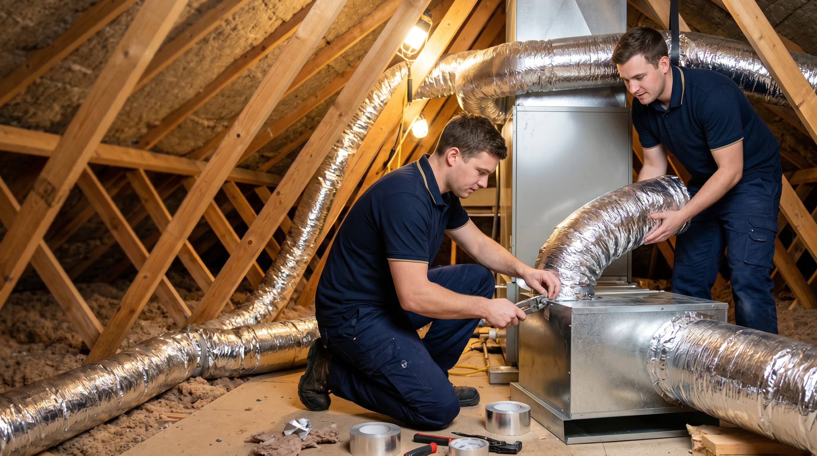 Two Venta technicians installing new sheet-metal ductwork in a Southern California attic