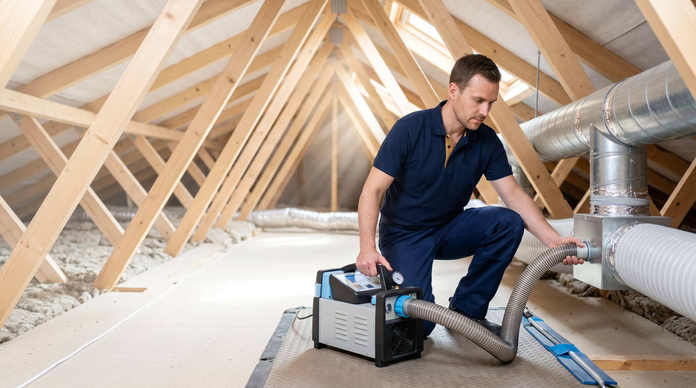 Venta technician operating an Aeroseal duct-sealing machine in a Los Angeles home
