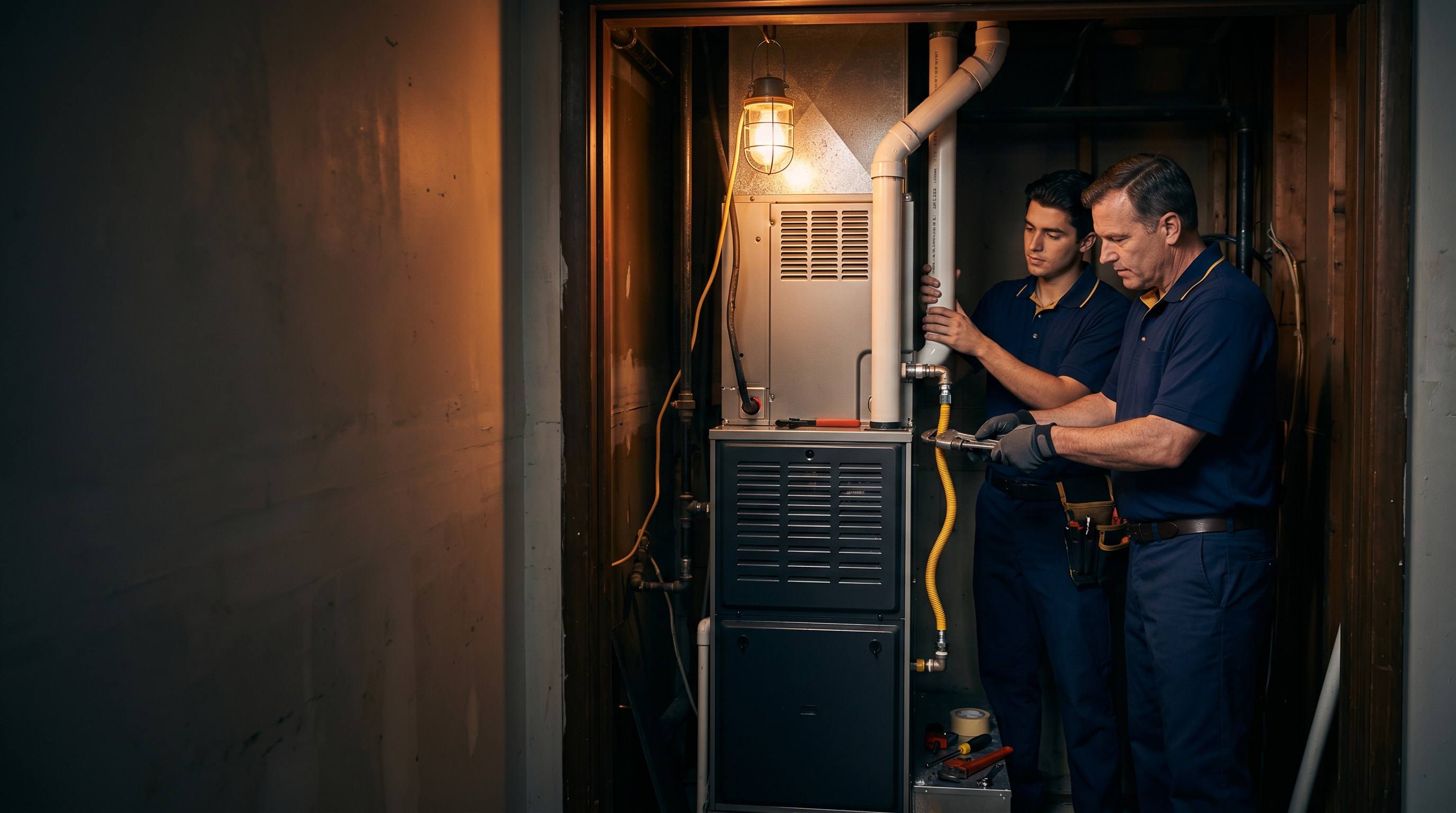 Two Venta technicians installing a new gas furnace in a Southern California home
