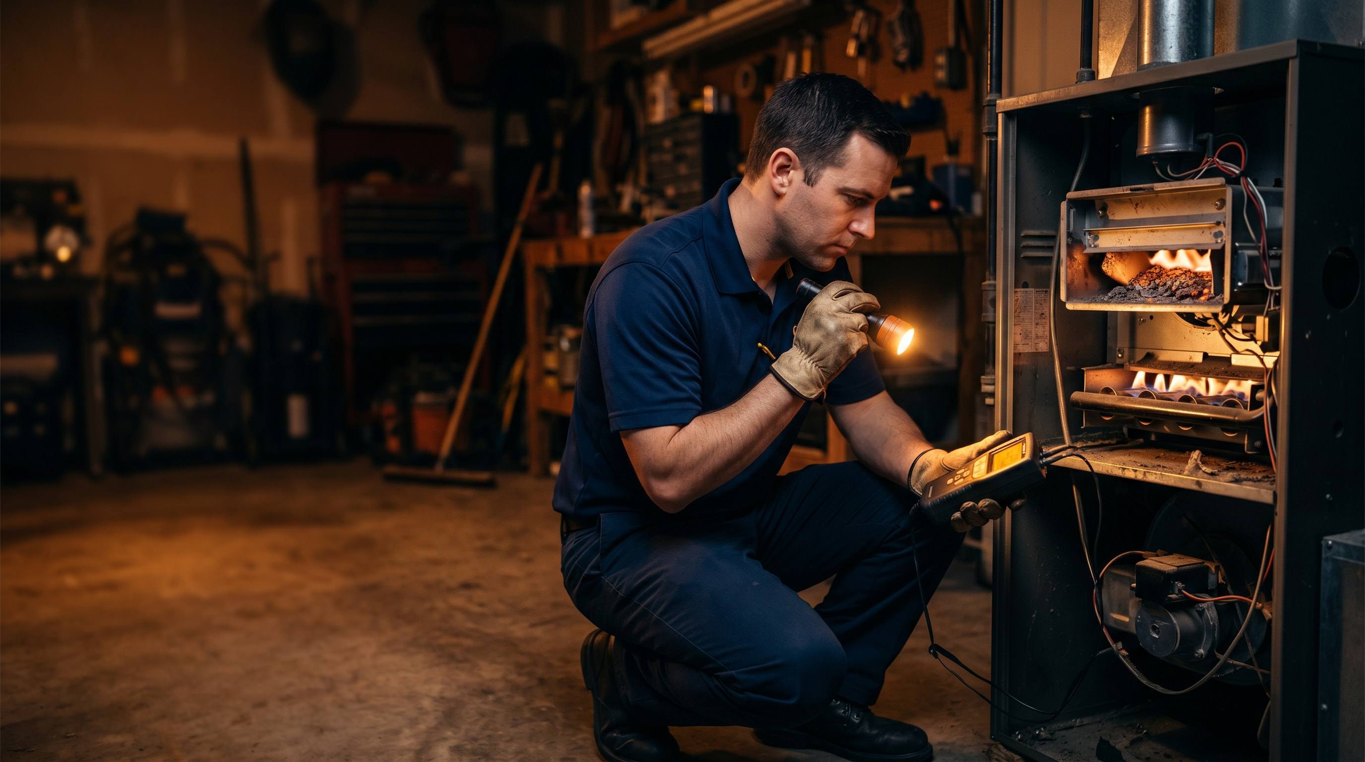 Venta technician inspecting a gas furnace during a heating repair in Los Angeles