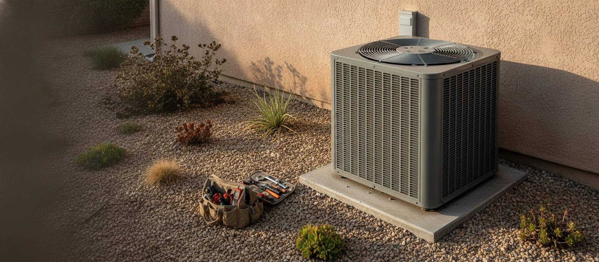 Goodman residential AC condenser unit beside a Southern California home