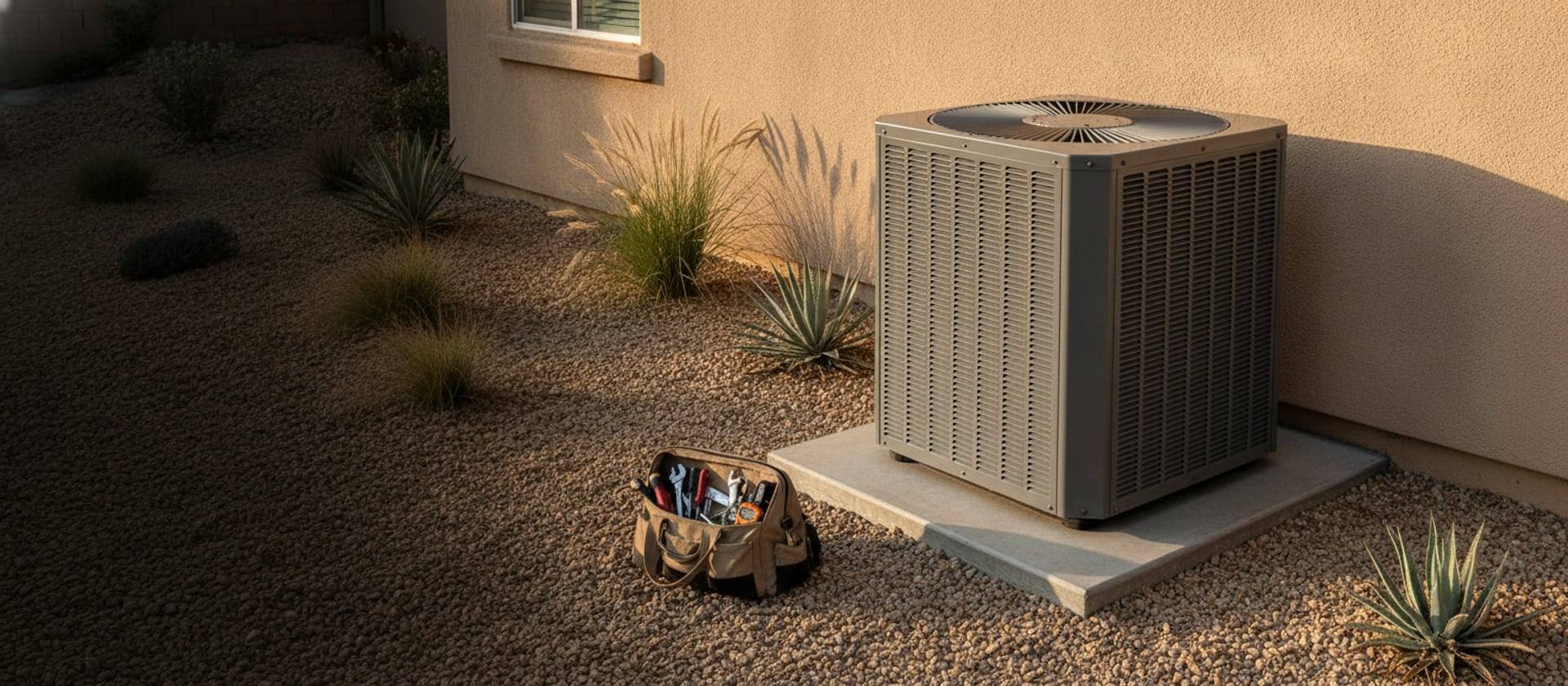 Goodman residential heat pump unit beside a Southern California home