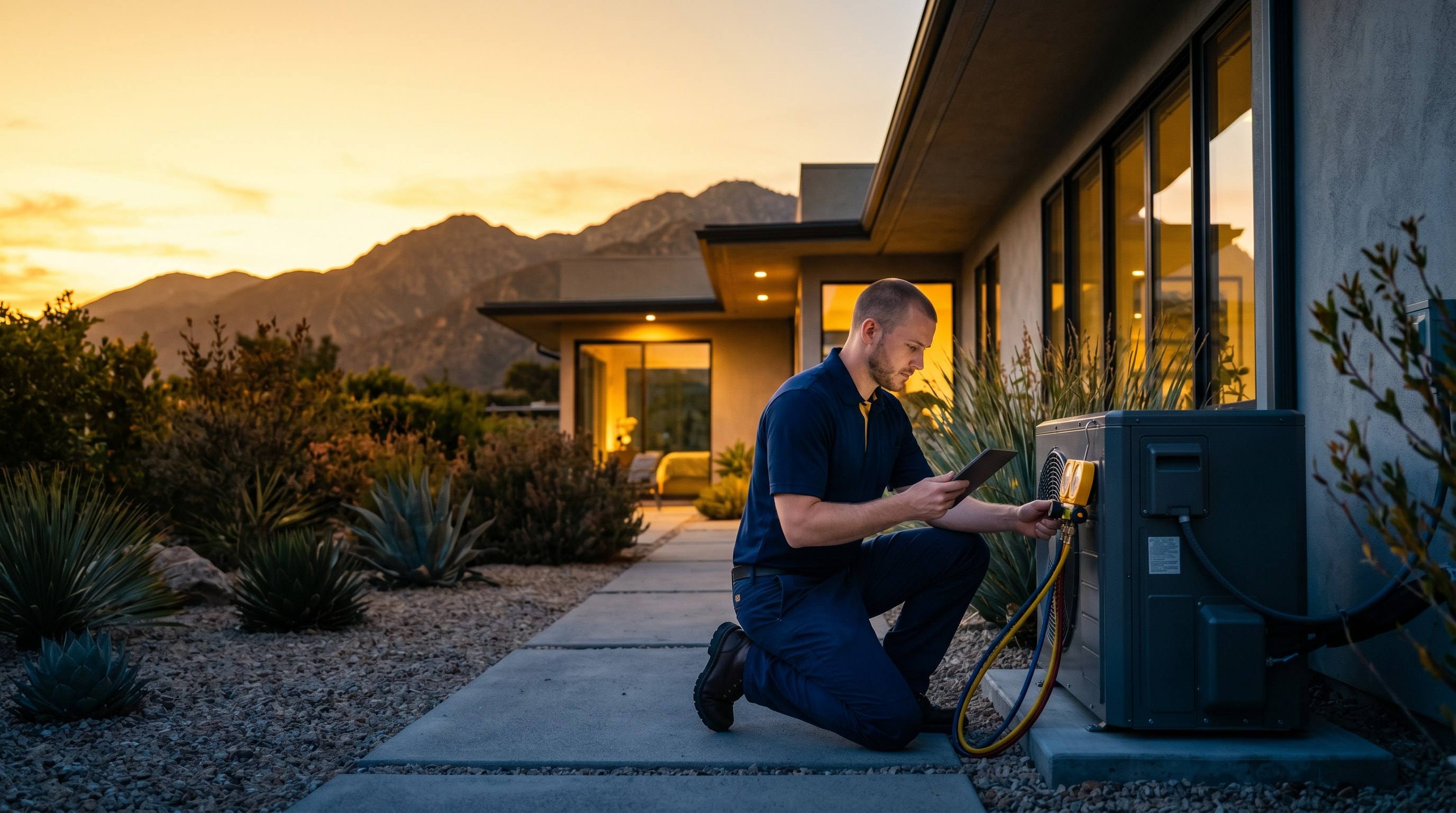 Venta technician commissioning a heat pump system in a Southern California home