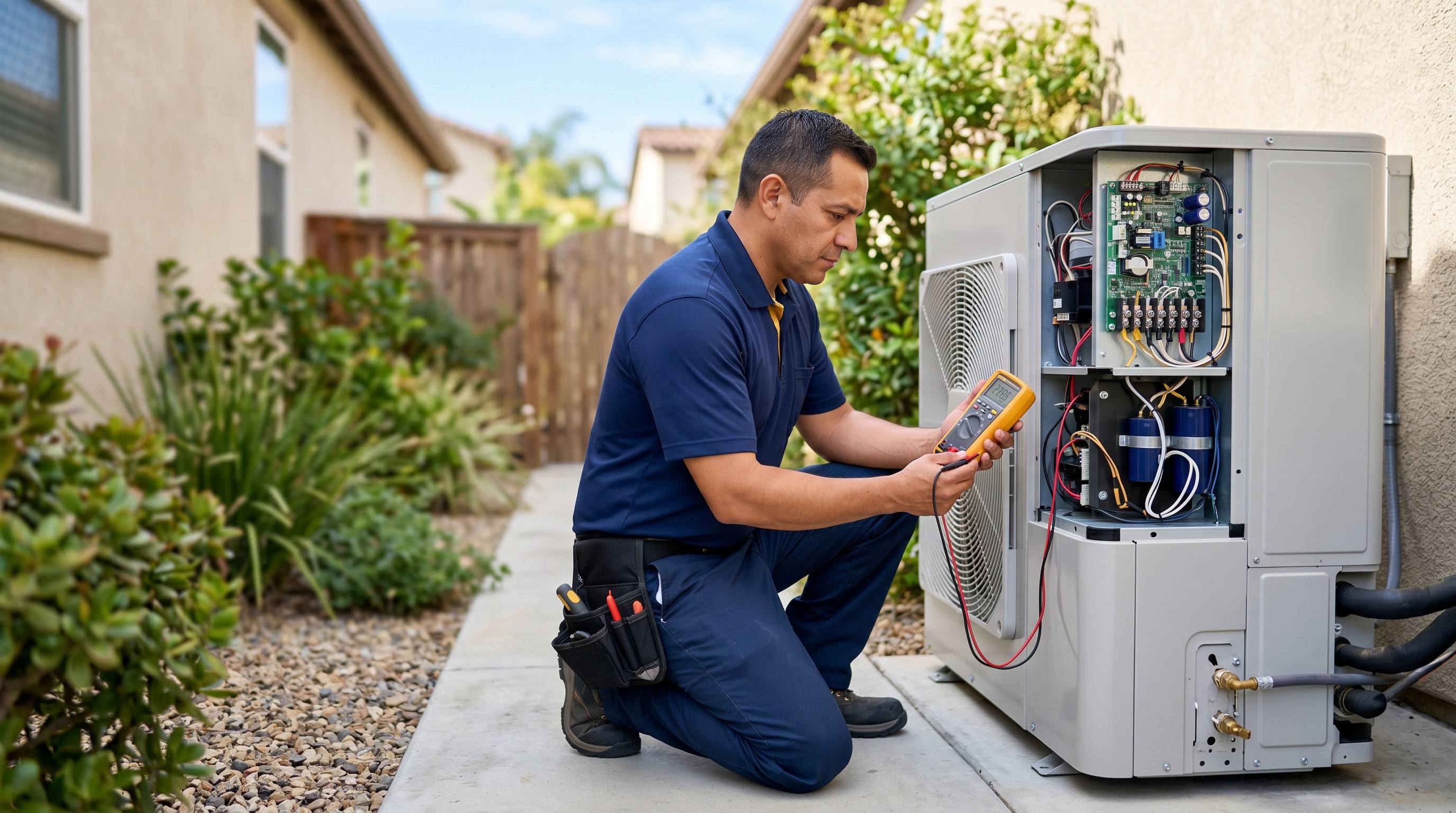 Venta technician kneeling beside a heat pump during a repair in Southern California