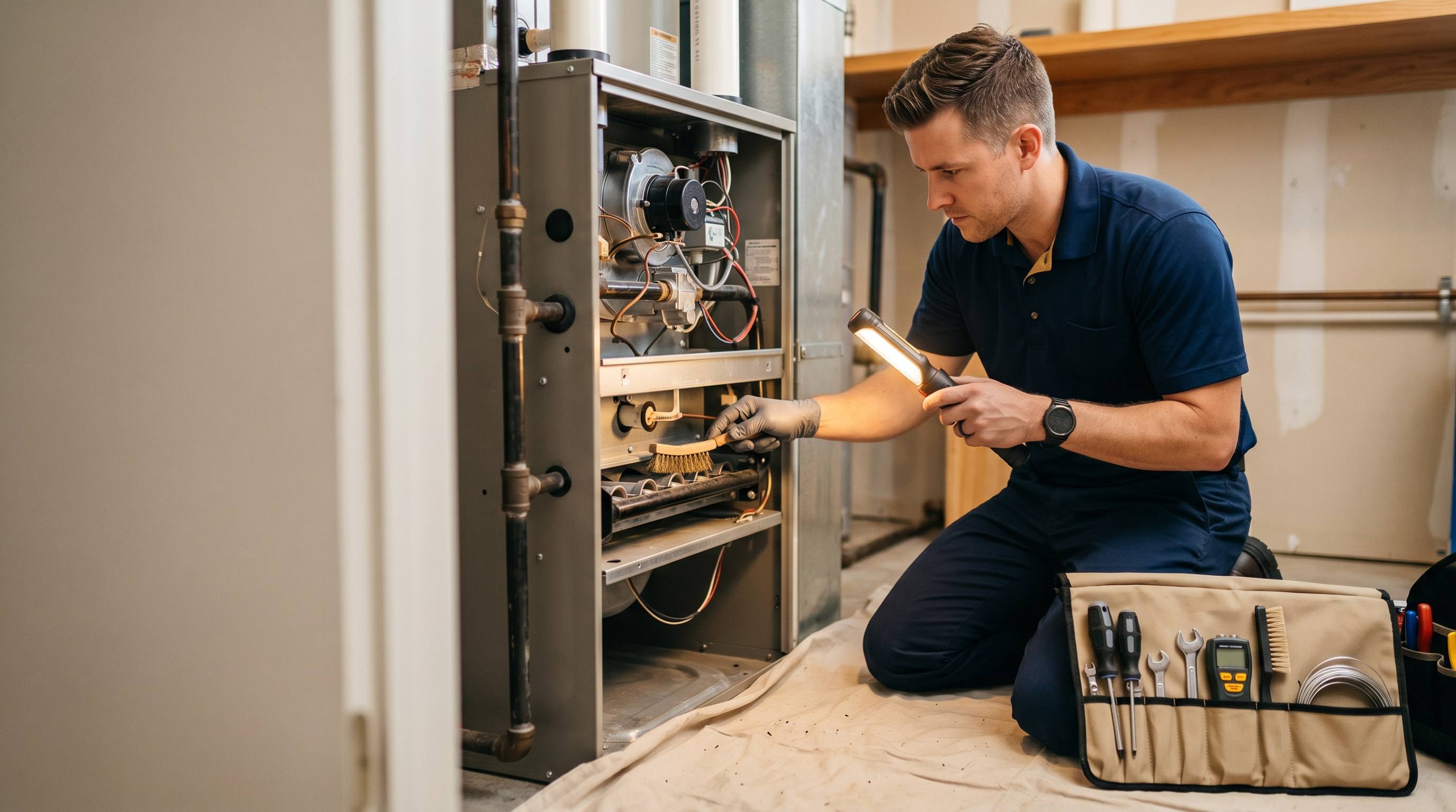 Venta technician performing a heating system tune-up before winter in Los Angeles
