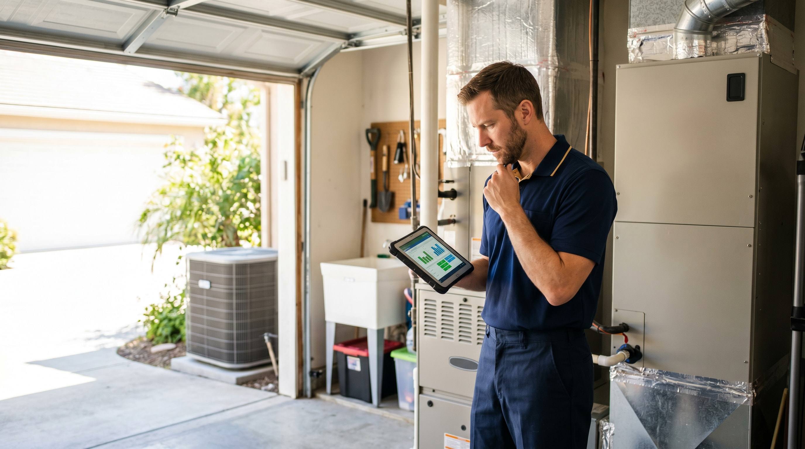 Venta technician working in a residential mechanical closet during an HVAC repair in Los Angeles