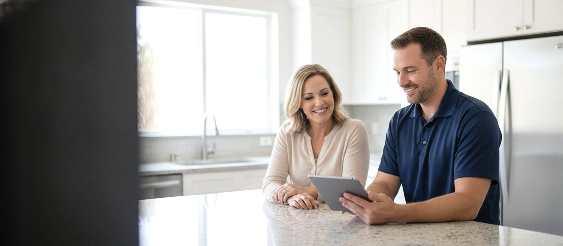 Venta technician reviewing HVAC rebate options with a homeowner