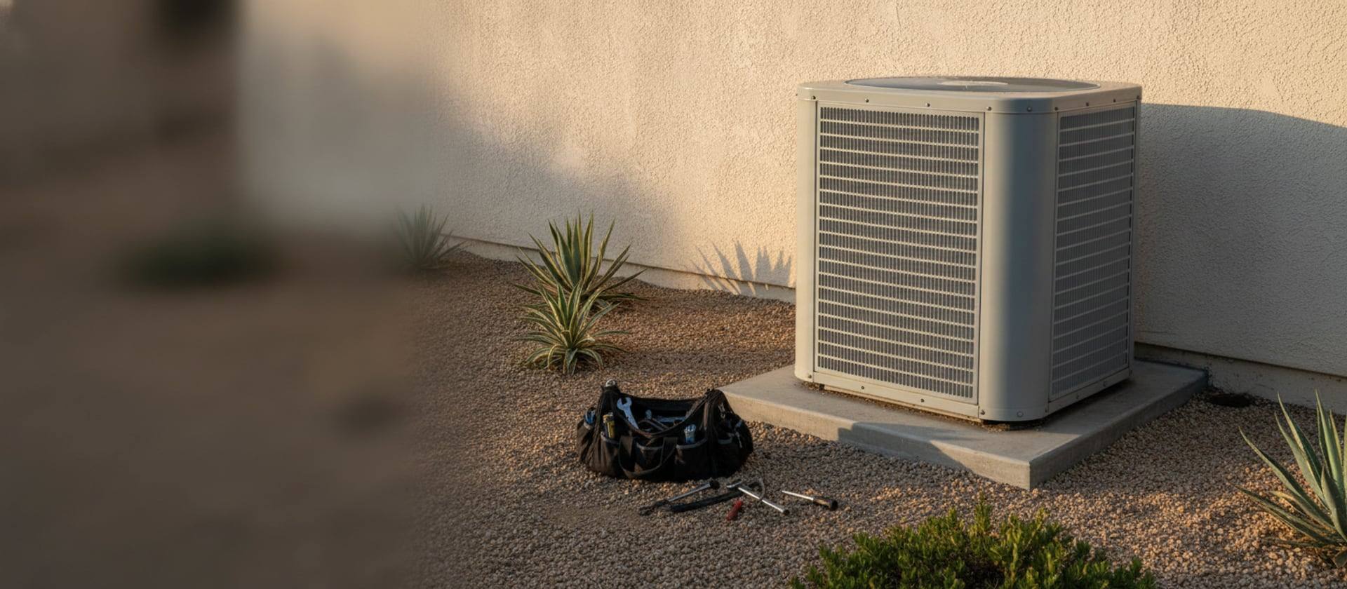 Rheem residential heat pump unit beside a Southern California home