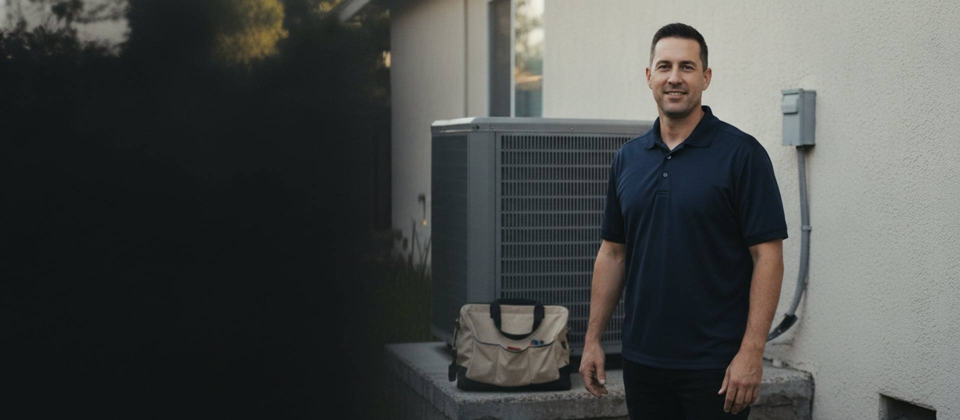 Venta technician beside a residential air conditioning condenser at a Southern California home