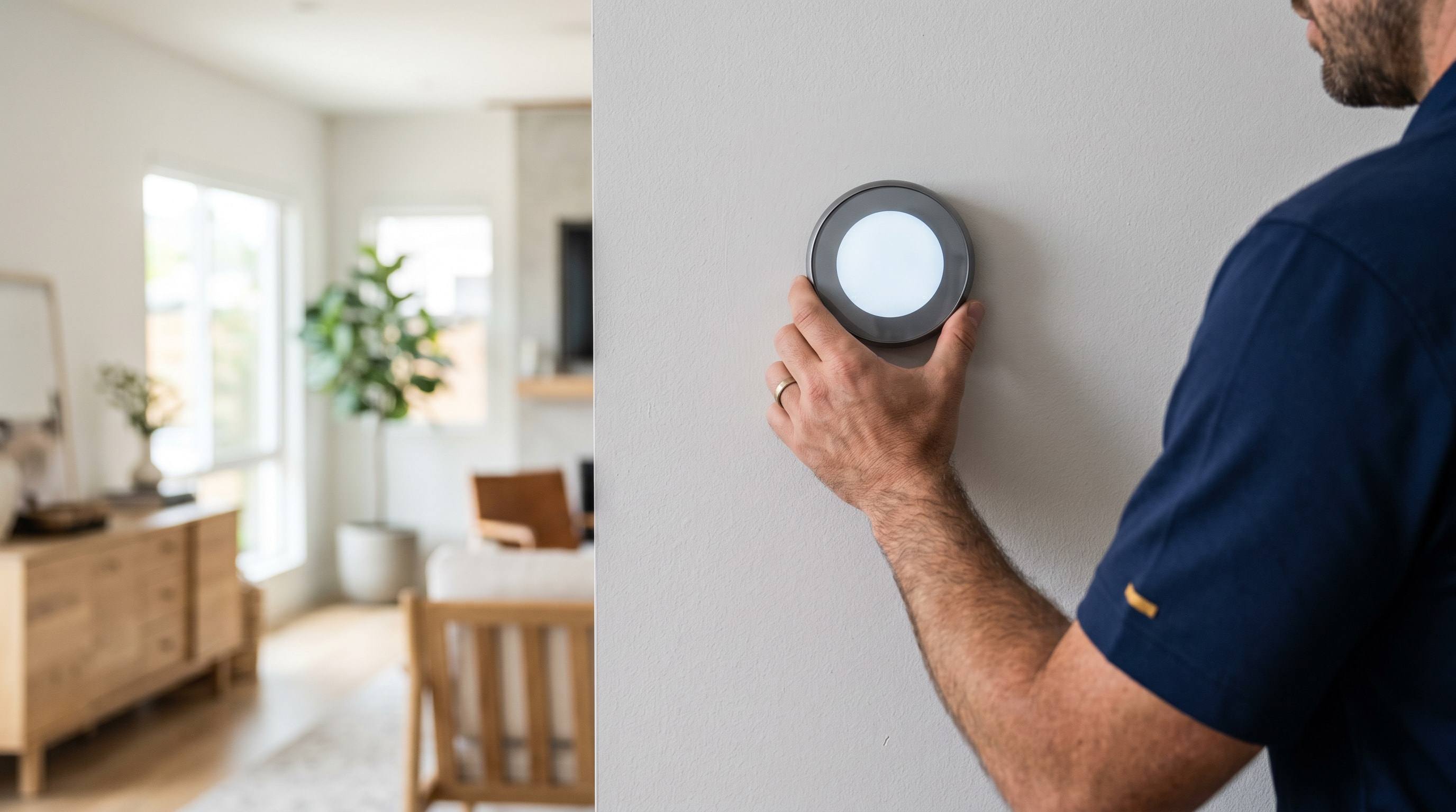 Close-up of a hand adjusting a smart thermostat installed by Venta in a Los Angeles home