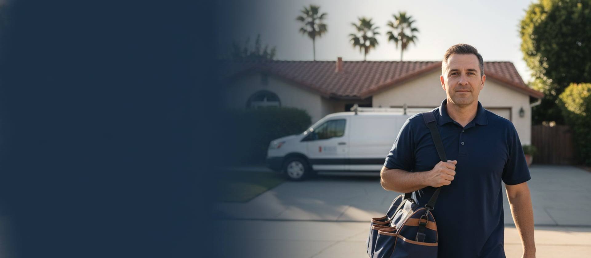 Venta Heating and Cooling technician walking up to a Southern California home