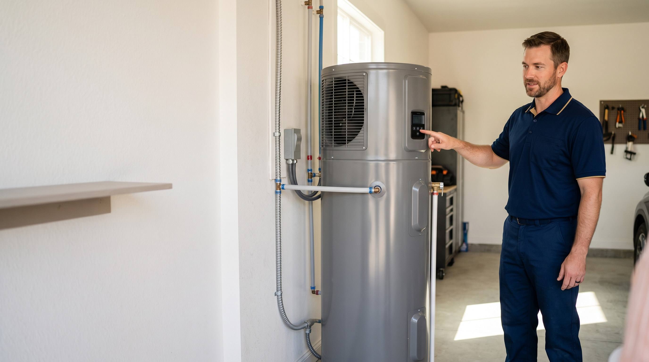 Venta technician standing beside a newly installed water heater in a Los Angeles home