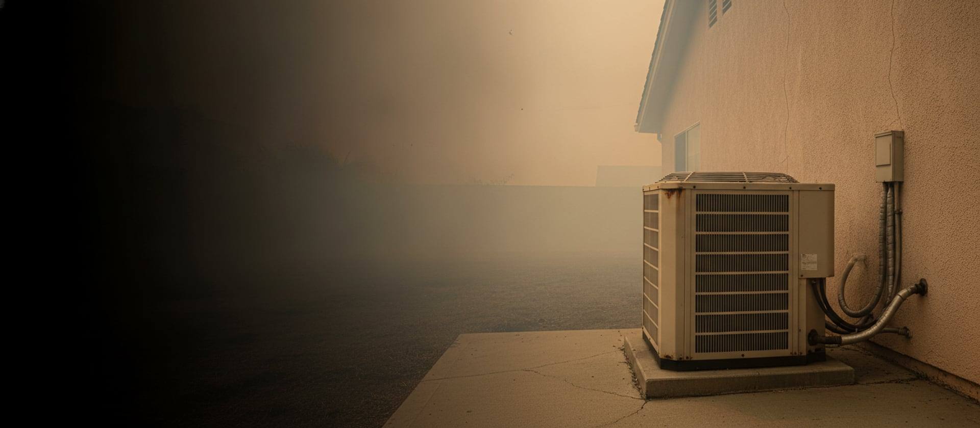 Residential AC condenser outside a Southern California home under wildfire smoke haze